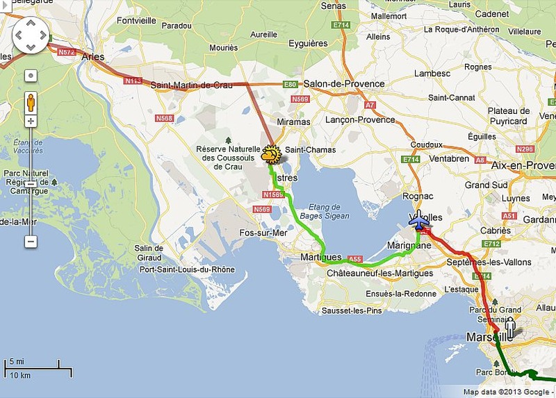 Route Marseille to Arles (base map by Google maps)